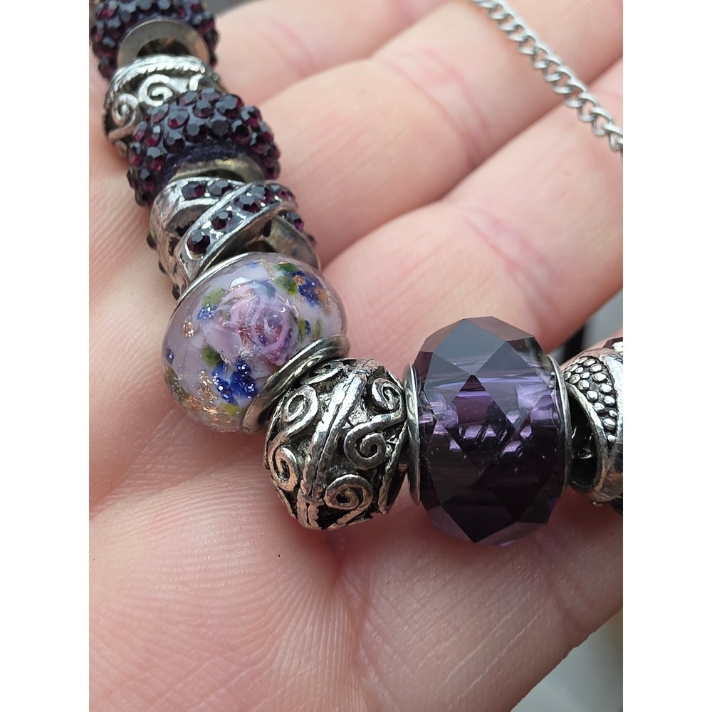 Sterling Silver Charm Bracelet Purple Murano Glass Pave Crystal Beads Yakira 48g - Picture 10 of 16